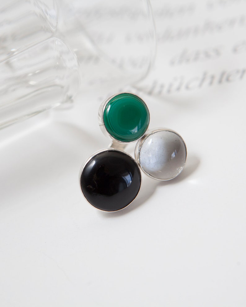 Malachite ring Multi stone ring December birthstone ring Silver open ring Crystal ring Three stone ring Onyx ring Zodiac ring