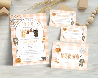 Halloween Baby Shower Invitation Bundle, Little Boo Baby Shower Invite Set, Diaper Raffle, Books for Baby, Thank You Card Template LBA30