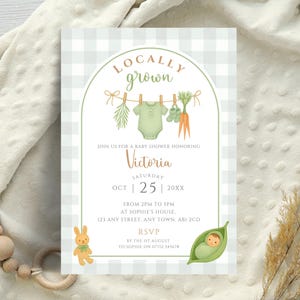 Locally Grown Baby Shower Invitation, Green Gingham Printable Invite, Farmers Market Baby Shower Invite, Editable Template LBA31