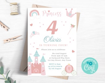 Editable Princess Birthday Invitation, Pink Princess Party Invite, Magical Princess Carriage, Enchanted Castle, Printable Template PR04