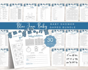 Babyshower-lekpaket med blå jeans, redigerbara spelkort med denimtema för pojkar, utskrivbara mallar för en blå jeansbaby LBA33