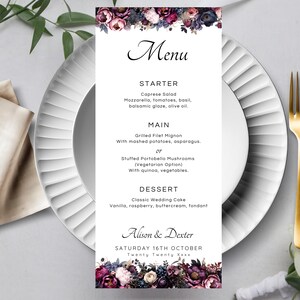 Plantilla de menú de boda floral cambiante, menú de cena de flores oscuras imprimible, descarga de menú de boda romántica, menú de evento editable LW05