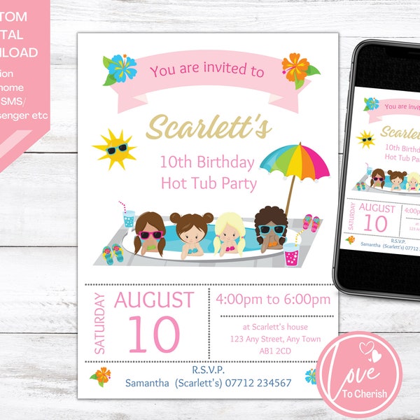 Hot Tub Girls Birthday Party Invitation, Girls Pool Party Evite, Digital Print at Home, Personalised Printable Download, Custom Digital