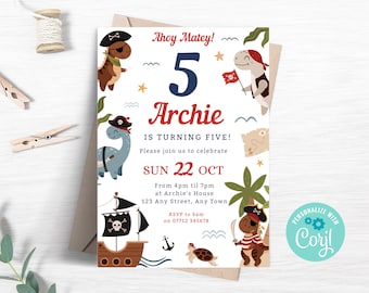 Pirate Dinosaurs 5th Birthday Invitation, Editable Dino Pirates Party Invite, Pirate Ship Invitation, Instant Download Template PI02