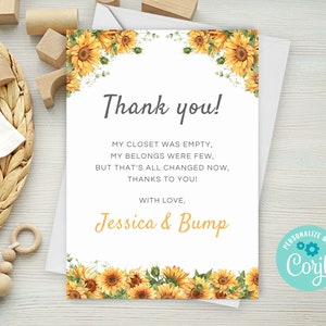 Editable Sunflower Baby Shower Thank You Note, Sunflower Theme Baby Shower Thank You Card, Rustic Sunflower Thanks, Download Template SU01