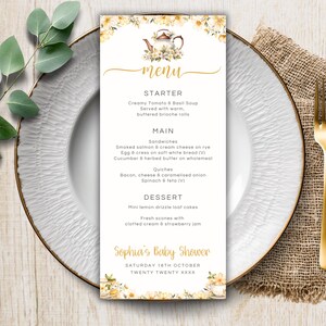 Nachmittagstee Menüvorlage, Gelb druckbare Tee Dinner Party Menü, Unisex Babyparty bearbeitbares Menü, benutzerdefiniertes Menü, Sofort Download LBA03