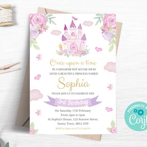 Princess 3rd Birthday Invitation, Editable Lilac Princess Party Invite, Magical Princess Party, Enchanted Castle Printable Template PR02