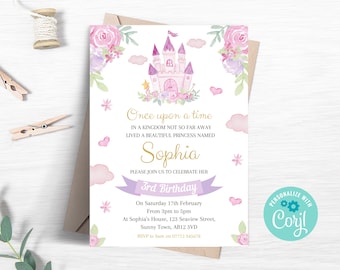 May include: A pink and purple princess castle birthday party invitation with a watercolor design. The invitation features a pink castle with a purple roof and a golden star on top. The text on the invitation reads "Once upon a time in a kingdom not so far away lived a beautiful princess named Sophia. Please join us to celebrate her 3rd birthday. On Saturday 17th February from 3pm to 5pm at Sophia's House, 123 Seaview Street, Sunny Town, AB12 3VD. RSVP to Sam on 07712345678."