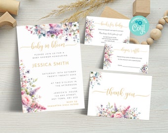 May include: A baby shower invitation with a floral design. The invitation reads "baby in bloom" and includes the name Jessica Smith, the date and time of the shower, and the address. There are also cards for a diaper raffle and a book for baby.