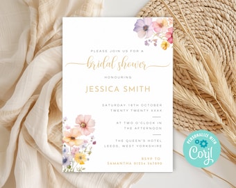 Boho Wildflowers Bridal Shower Invitation, Printable Wildflower Floral Bridal Party Invite, Editable Bridal Brunch Invite Template WF01