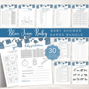 Blue Jean Baby Shower Games Bundle, Editable Girl&#39;s Denim Theme Game Cards, A Blue Jean Baby Is On The Way Printable Templates LBA34