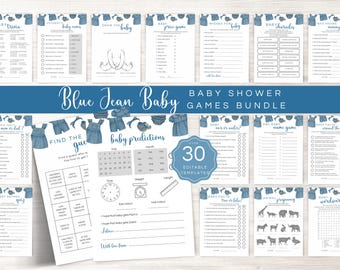 Babyshower-lekpaket med blå jeans, redigerbara spelkort med denimtema för flickor, utskrivbara mallar för en blå jeansbaby LBA34