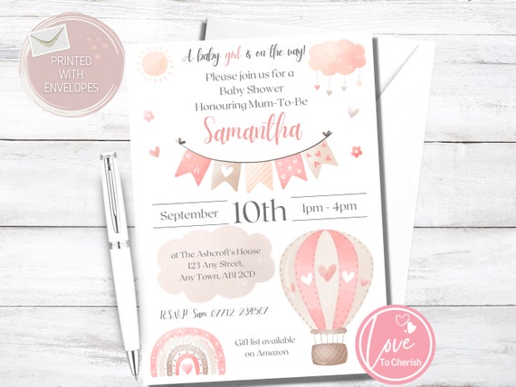 Personalised Baby Shower Party Invitations Pink Hot Air 