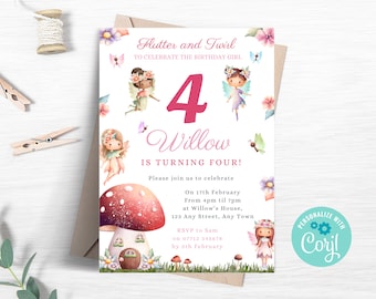 May include: A pink and white birthday invitation with a fairy theme. The invitation features a large pink number 4, the name Willow, and the text "Flutter and Twirl to celebrate the birthday girl". The invitation also features a mushroom house with a door and a window, and a fairy with pink wings and a flower crown.
