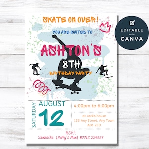 Skateboard Editable Party Invitation, Skate Park Printable Invite, Skateboarding Party, Skate Board Party, Instant Download, Template