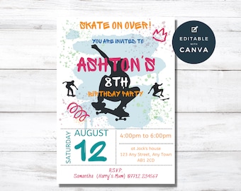 Könnte beinhalten: Einladung zu einer Skateboard-Geburtstagsparty mit einem blauen, grünen und orangen Spritzmuster-Hintergrund. Die Einladung lautet "Skate on Over!" und "Ashton's 8th Birthday Party". Das Datum ist der 12. August und die Zeit ist von 16:00 bis 18:00 Uhr. Der Ort ist bei Jack, 123 Any Street, Any Town, AB1 2CD. RSVP an Samantha (Harrys Mutter) unter 07712 234567.