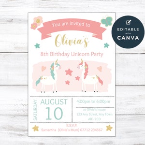 Unicorn Party Editable Invitations, Personalised Magical Birthday Printable Invites, Girls Unicorn Theme Party Invite Template UN02