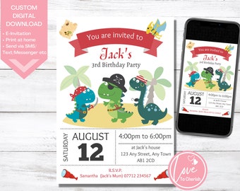 Dinosaur Pirates Birthday Invitation, Personalised Dino Pirate Birthday Printable Invite, Custom Digital File, Evite