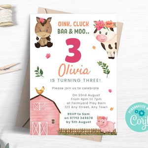 Barnyard 3rd Birthday Invitation, Editable Pink Farm Party Invite, Barn Animals Party, Farm Ranch Evite, Instant Download Template FM03