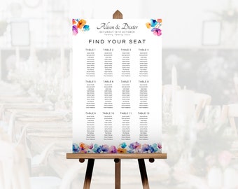 Bright Floral Wedding Seating Chart Template, Printable Colourful Flower Seating Plan, Editable Wedding Table Chart Sign Download, LW06