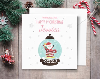 Baby Girl's 1st Christmas Card, Personalised 2023 Santa Snowglobe Christmas Card, First Christmas Card Son, Xmas Card for Grandson