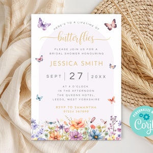 Lifetime of Butterflies Brautparty-Einladung, druckbare Schmetterlings-Wildblumen-Brautparty-Einladung, bearbeitbare florale Einladungsvorlage BU01