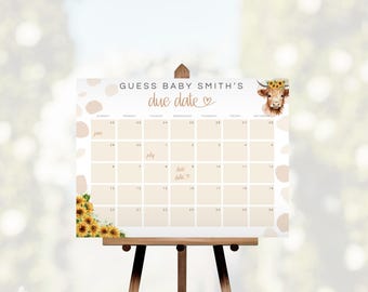 May include: A printable baby shower game with a calendar for guests to guess the baby's due date. The calendar has a cute cow illustration with a floral crown and the text "Guess Baby Smith's due date".