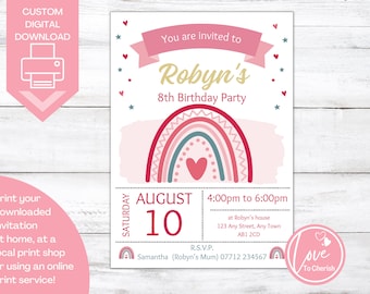 May include: A pink and red birthday invitation with a rainbow design and the text "You are invited to Robyn's 8th Birthday Party". The invitation includes the date, time, and location of the party, as well as the RSVP information.