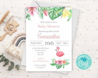 Flamingo Baby Shower Invitation Girl, Editable Pink Flamingo Baby Shower Invite, Printable Tropical Flamingo Invitation Template, BS08
