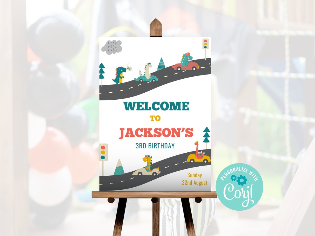 Dino Racers Birthday Welcome Sign, Dinosaur Racing Party Decoration ...