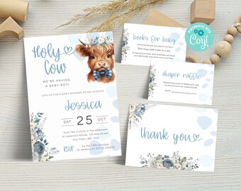 May include: Baby shower invitation set with a watercolor illustration of a Highland cow wearing a floral crown and bow tie. The invitation reads "Holy Cow, We're Having a Baby Boy!" and includes details for the event.