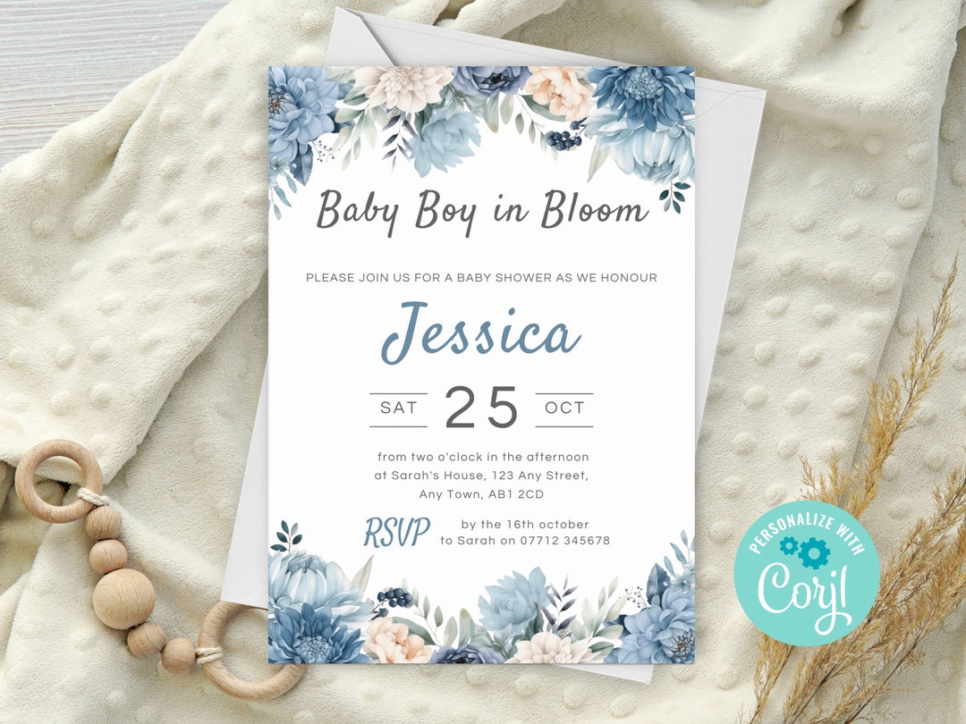 Editable Baby Boy in Bloom Baby Shower Invitation Blue Floral Etsy