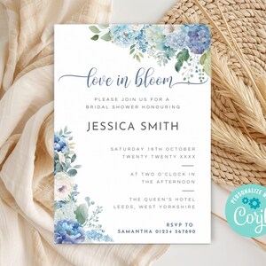 Dusty Blue Love In Bloom Bridal Shower Invite, Printable Floral Bridal Party Invitation, Editable Bridal Brunch Invite Template DB01