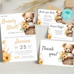 Editable Brown Bear Baby Shower Invitation Set, We Can Bearly Wait Baby Invite Bundle, Diaper Raffle Ticket, Books for Baby Download BW02