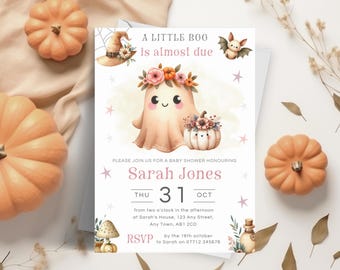 A Little Boo Is Almost Due Invitation, Halloween Ghost Baby Shower Invitation, Editable Unisex Baby Shower Invite, Download Template HA19
