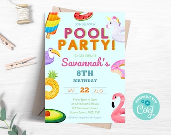Pool Party Birthday Invitation Pool Party Birthday Invite Editable Girls Pool Party Template Instant Download PO02
