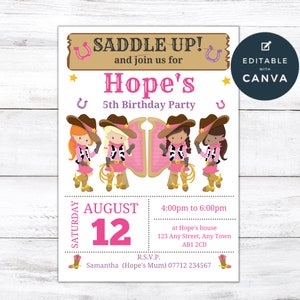 Cowgirl Birthday Party Invitation, Editable Cowgirls Birthday Invite, Girls Western Party Invites, Wild West Invitation Template, CG01