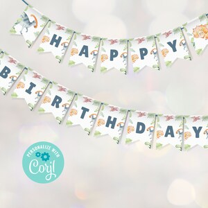 Dinosaur Birthday Banner, Dinosaur Party Bunting, Dinosaur Jungle, Editable Template, Stomp Chomp Roar Garland, Instant Download DI10