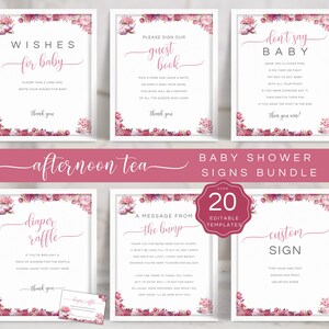 Afternoon Tea Baby Shower Signs Bundle, Editable Tea Party Guest Book Sign, Editable Cards & Gifts Sign, Printable Pink Baby Girl Sign LBA02