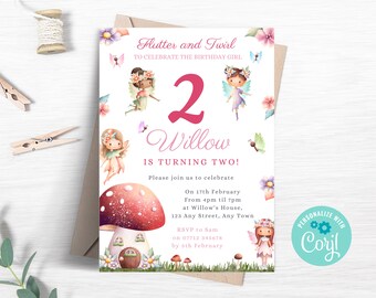 Bewerkbare Fairy 2e verjaardagsuitnodiging, Fairy Party Uitnodigen, Woodland Pixie Fairies Party, Betoverde Bos Uitnodigen, Afdrukbare Sjabloon FA03