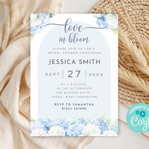 Blue Hydrangea Love In Bloom Bridal Shower Invitation, Printable Floral Bridal Party Invite, Editable Bridal Brunch Invite Template HB01