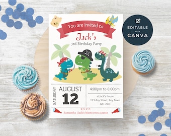 Dinosaur Pirates Birthday Editable Invitation, Dino Pirate Birthday Printable Invite, Instant Download, Template DP01