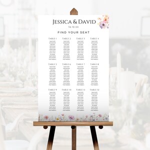 Modelo de gráfico de assentos de casamento de flores silvestres, plano de assentos de casamento floral Boho para impressão, download de sinal de gráfico de mesa de flores silvestres editável, LW04