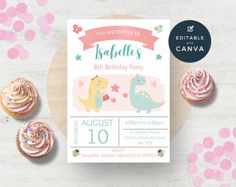 Girls Dinosaur Birthday Party Invitations, Dino Girls Editable Birthday Invites, Girls Dinosaur Themed Party, Instant Download Template DG01