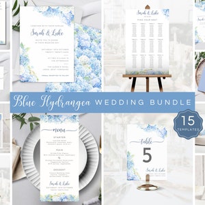 Pacchetto per matrimonio con ortensie, modello di invito blu polvere modificabile, tabella dei posti a sedere, cartello di benvenuto stampabile, numero del tavolo, biglietto RSVP HB01