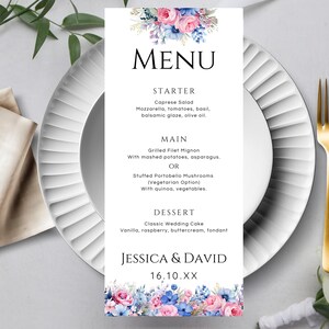 Plantilla de menú de boda floral rosa y azul, menú de cena de boda de flores rosas y azules imprimible, descargar menú de evento editable, LW491