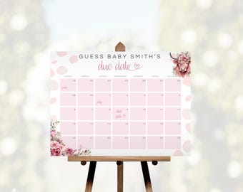May include: Pink and white baby shower game with a calendar to guess the due date of Baby Smith. The calendar has a pink cow with flowers on its head in the top right corner.