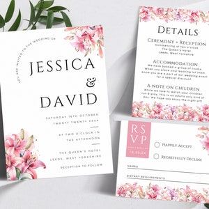 Conjunto de modelos de convite de casamento Pink Lily, cartão RSVP Lillies rosa para impressão, detalhes rosa romântico editáveis e conjunto de convites, LW214