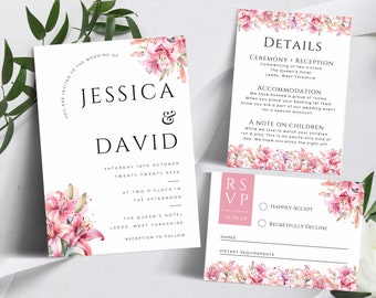Pink Lily Wedding Invitation Template Suite, Printable Pink Lillies RSVP Card, Editable Romantic Pink Details and Invite Set, LW214