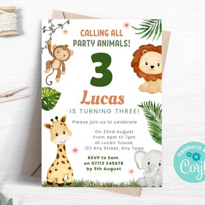 Jungle 3rd Birthday Invitation, Editable Party Animals Birthday Party Invite, Safari Animals Evite, Instant Download Template SA04